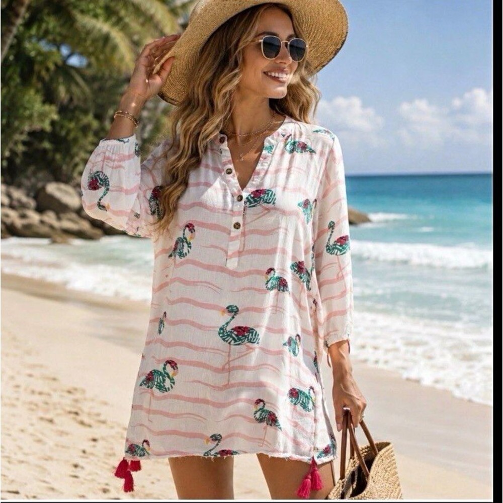 TOP IT OFF WOMEN'S M SWIM COVER UP TUNIC VISCOSE FLAMINGO TROPICAL TASSEL BOHO